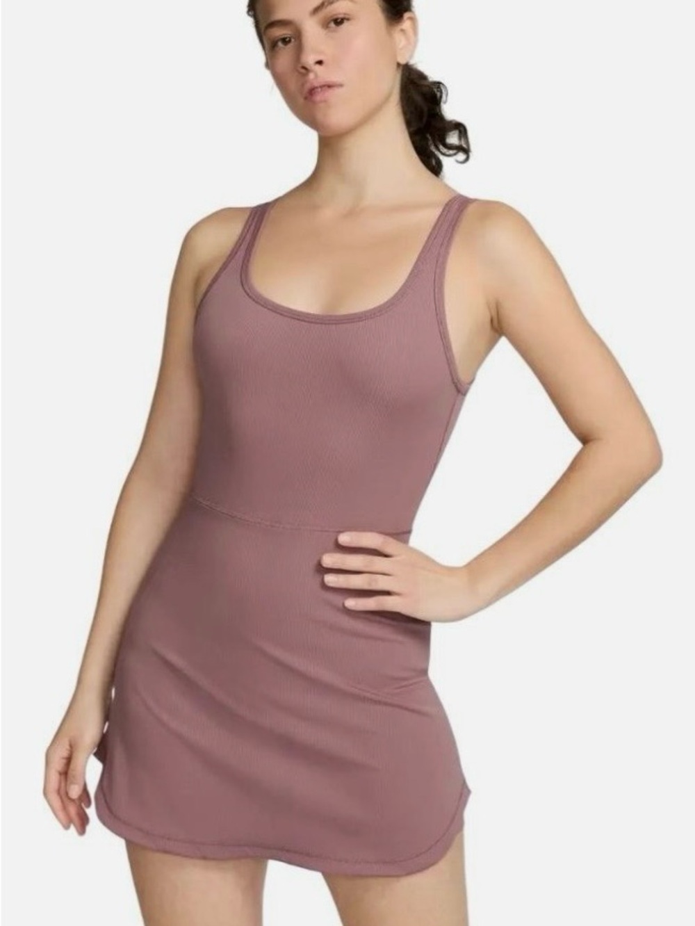 Nike-One Drifit Ribbed Tank Dress with built in shorts and pockets - Mauve
